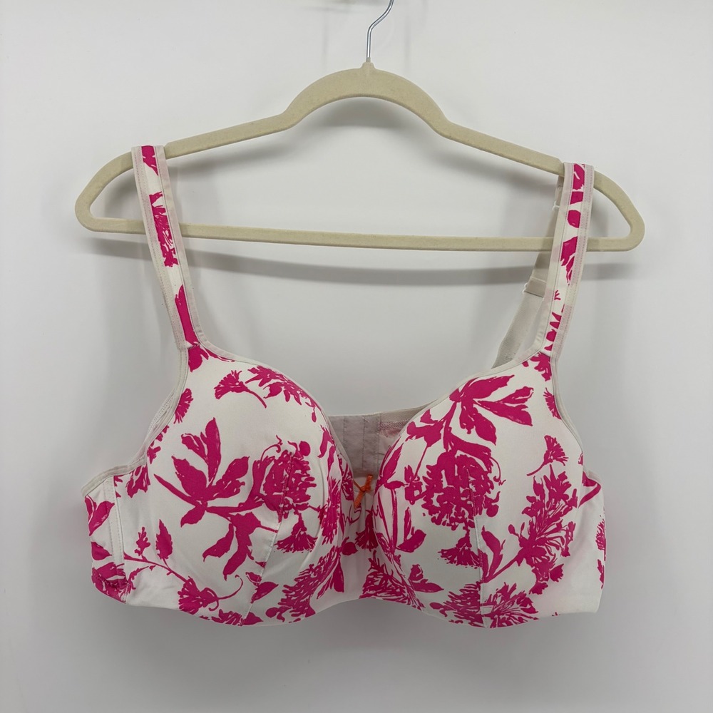 Cacique Womens 44C White Pink Floral Balconette Bra Lightly Lined Underwire